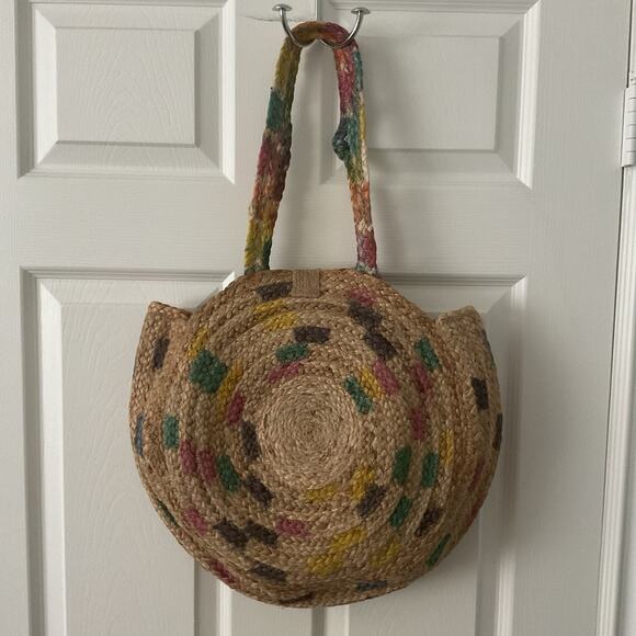 Colorful Woven Raffia Straw Circle Tote Beach Bag By Fabulous MJ Boho Summer - Picture 2 of 4